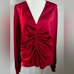 Elegant Red Ruched Satin Blouse Size 14 NWT